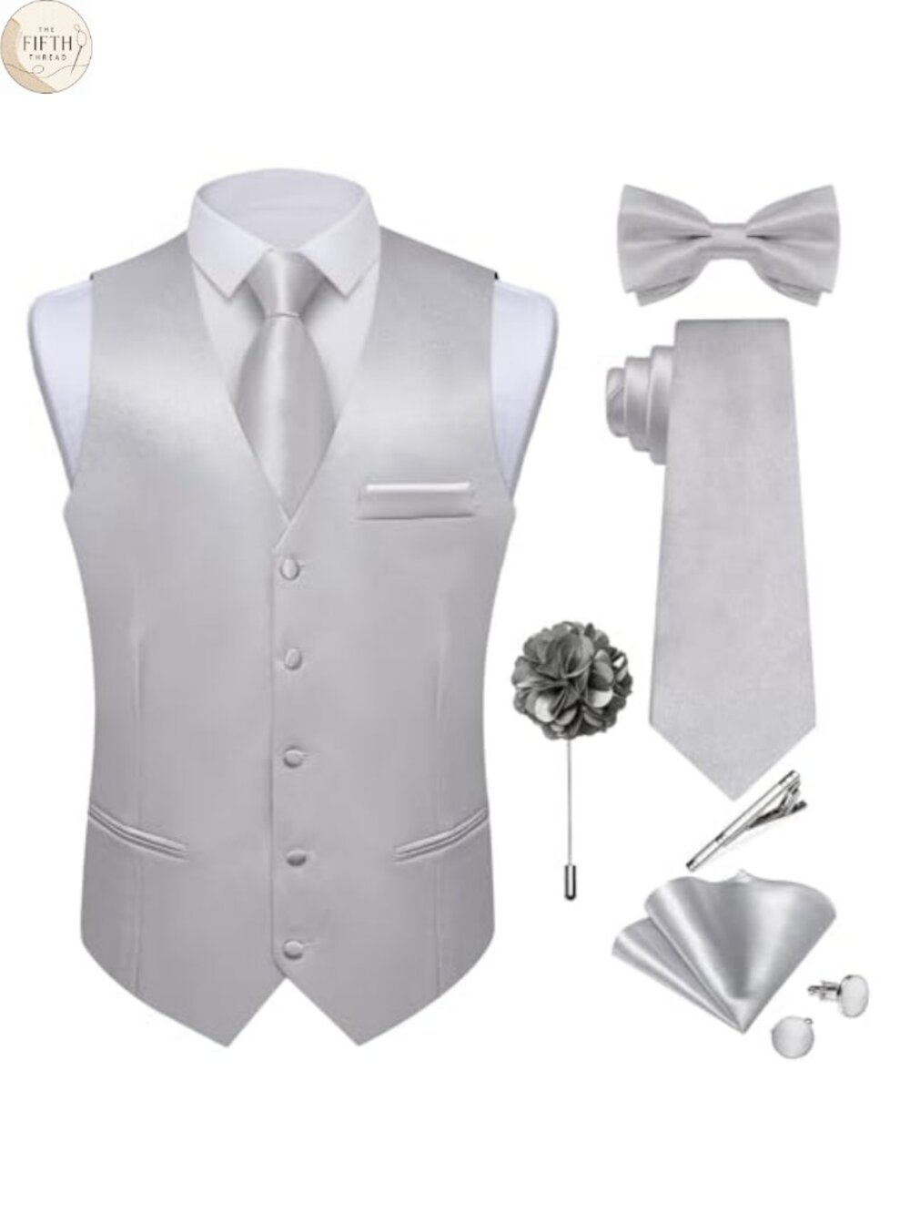 Mens Satin Suit Vest and Tie Set 8PC Waistcoat Bowtie Tuxedo Formal Wedding